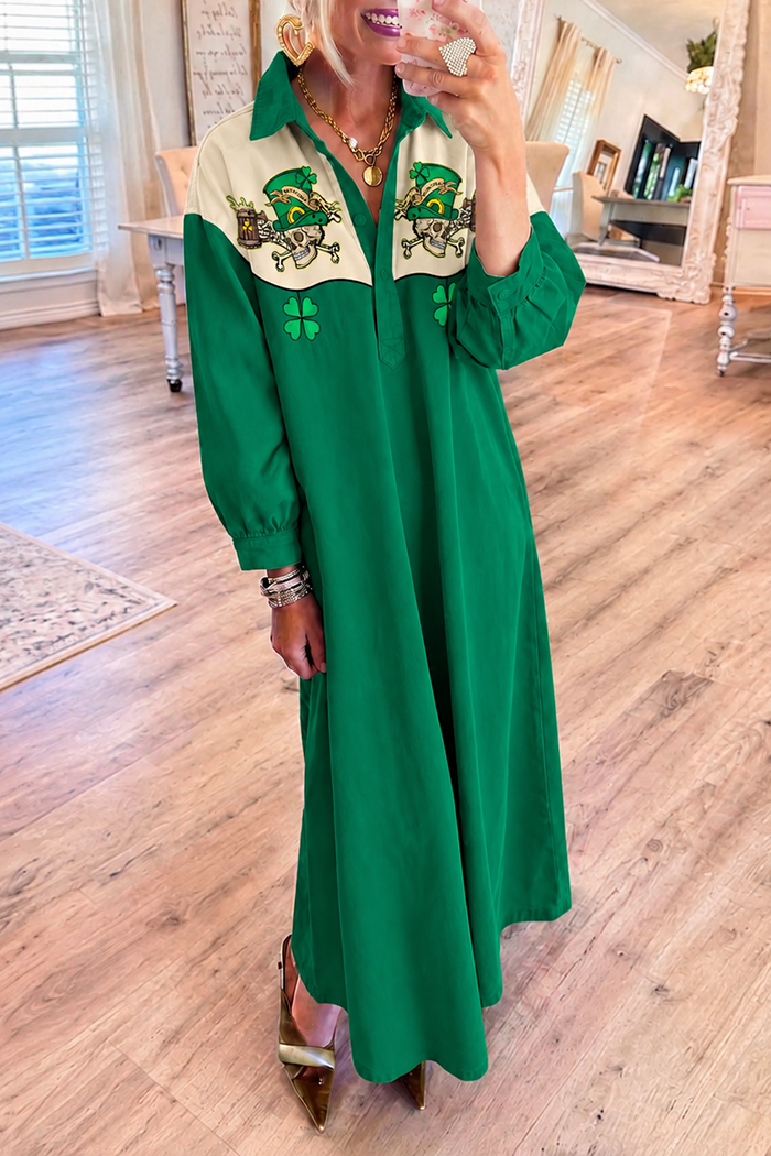 Green Denim Skull Clover Long Sleeve Maxi Dress