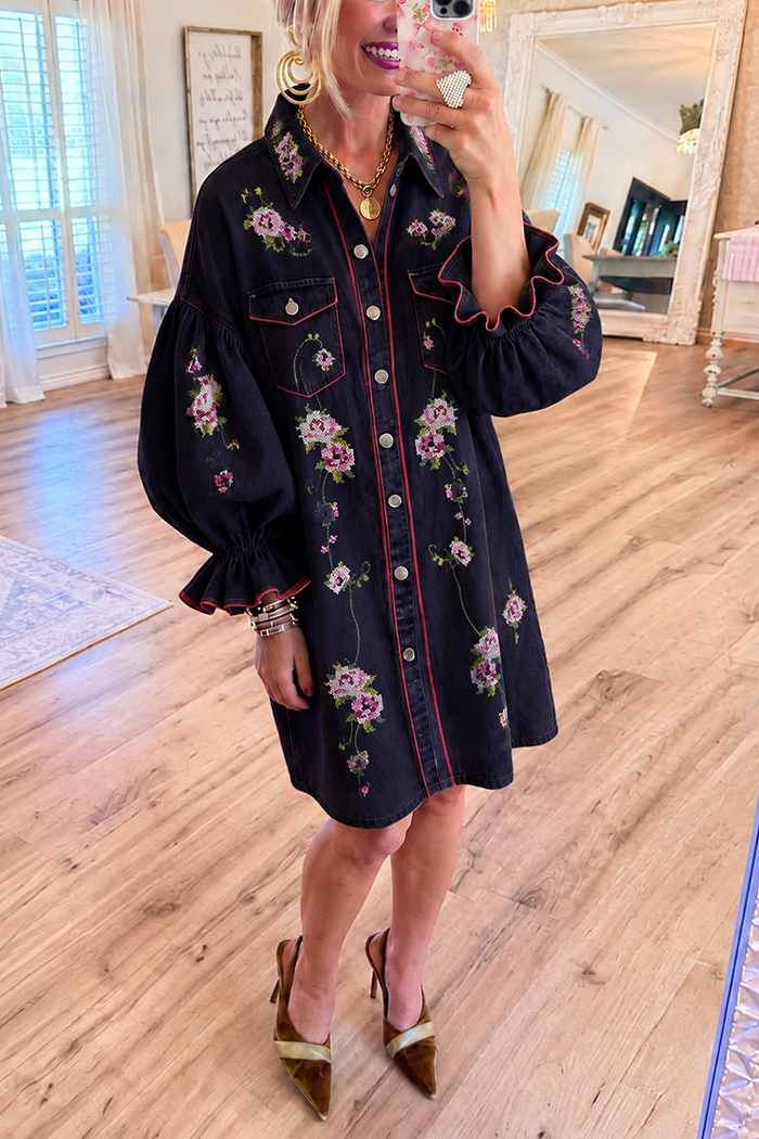 Floral Ruffled Balloon Sleeves Pocket Denim Dress