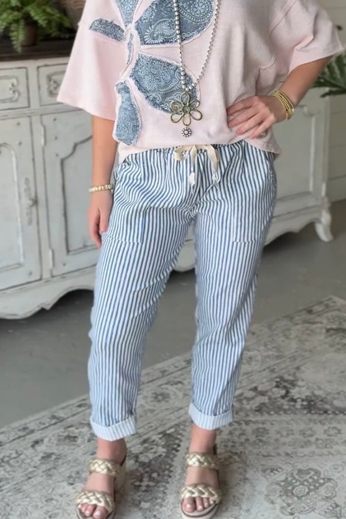 Blue Stripe Drawstring Cuffed Cropped Pants