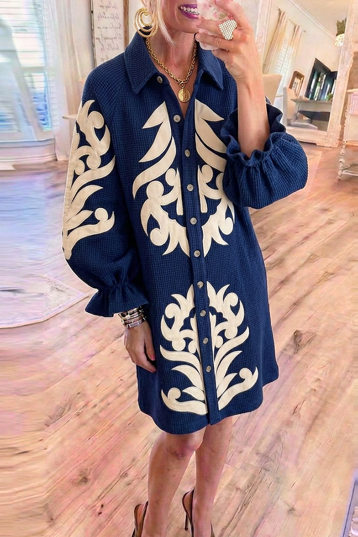 Knit Embroidery Collared Button Front Puff Sleeves Dress