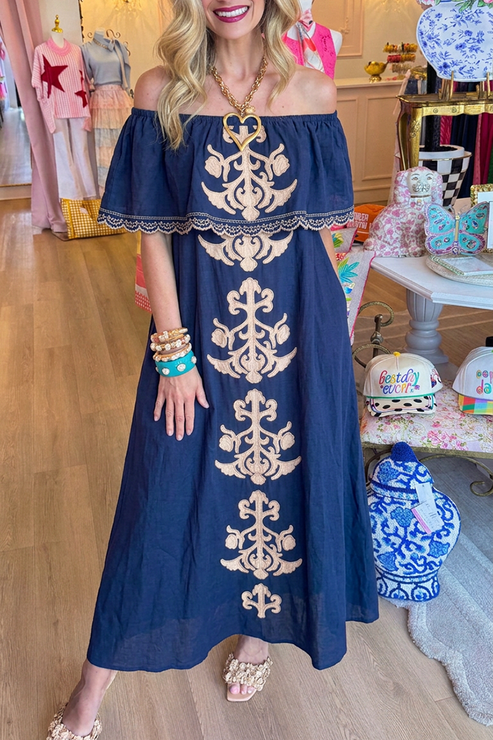 Off‑The‑Shoulder Pocket Navy Maxi Dress
