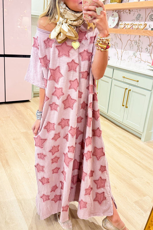 Mauve Star Short Sleeves Pocket Maxi Dress