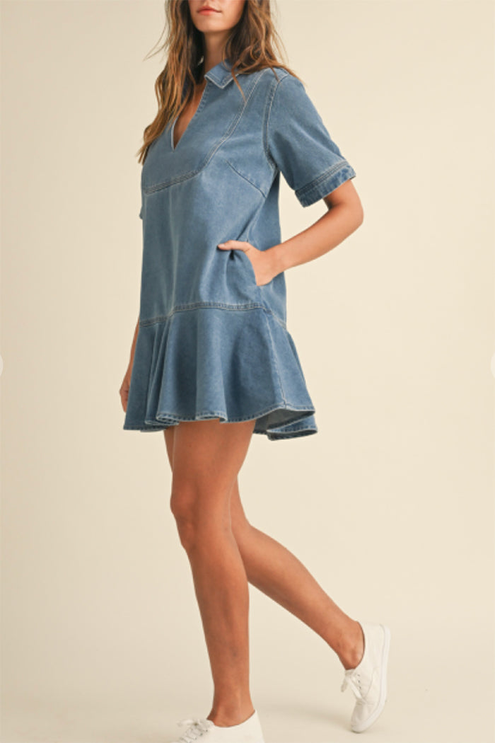 Collared Pocket Ruffle Hem Denim Dress