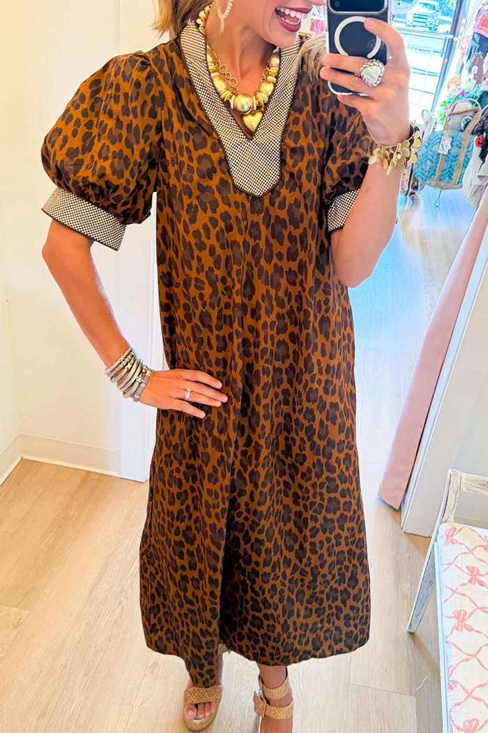 Brown Leopard Puff Sleeve Dress