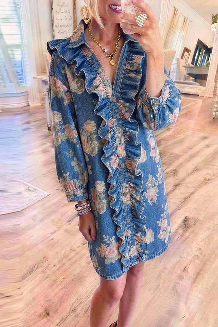 Blue Denim Ruffle Placket Floral Shirt Dress