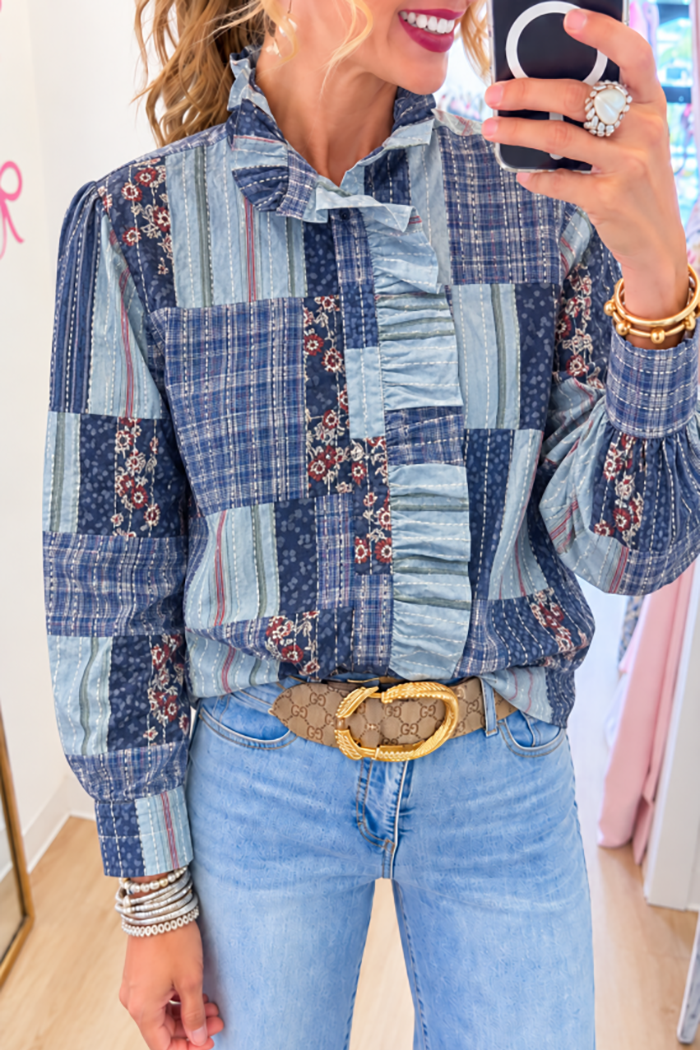 Blue Patchwork Ruffle Floral Shirt Top