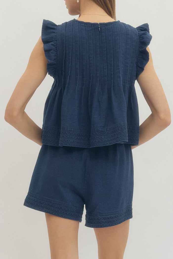 Ruffle Sleeve Pleated Denim Set