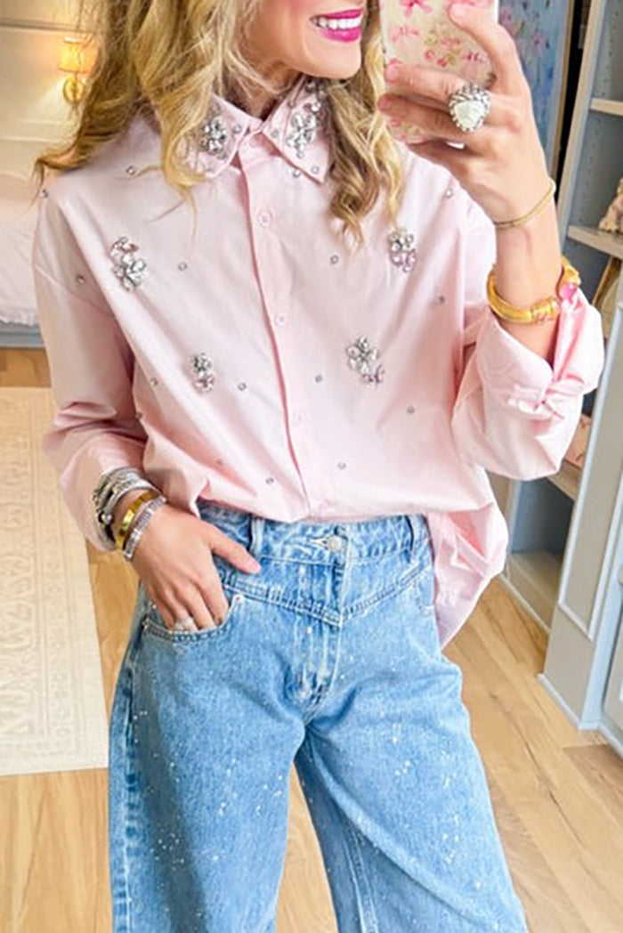 Casual Pink Rhinestone Detail Button Up Top
