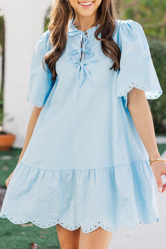Embroidered Short Sleeve Bow Dress