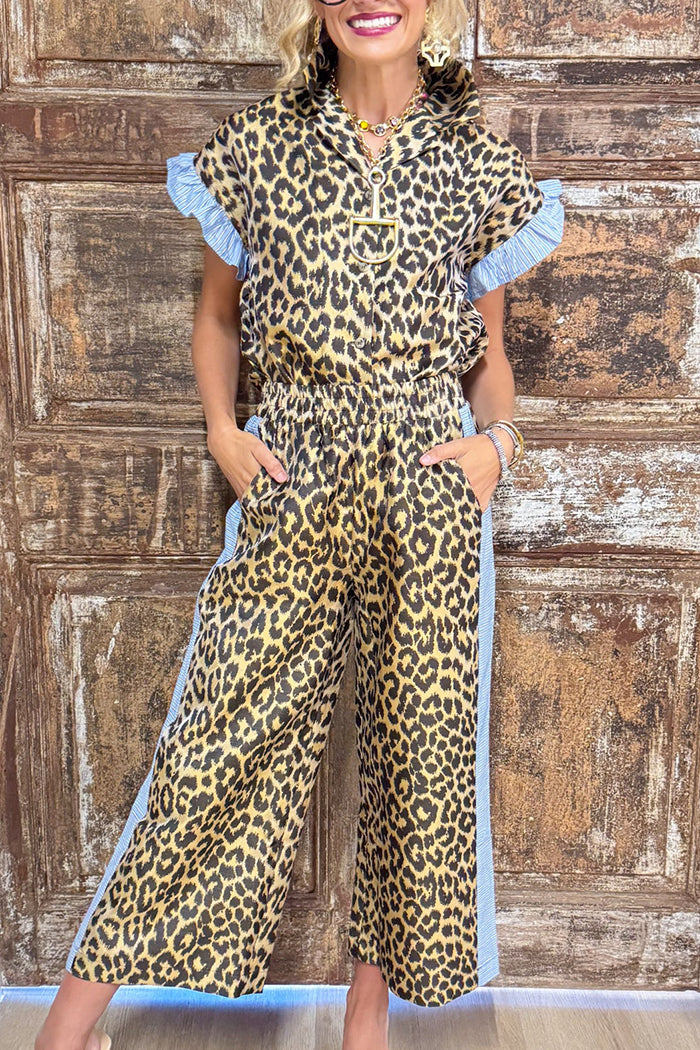 Ruffle Sleeve Leopard Stripe Contrast Pant Set