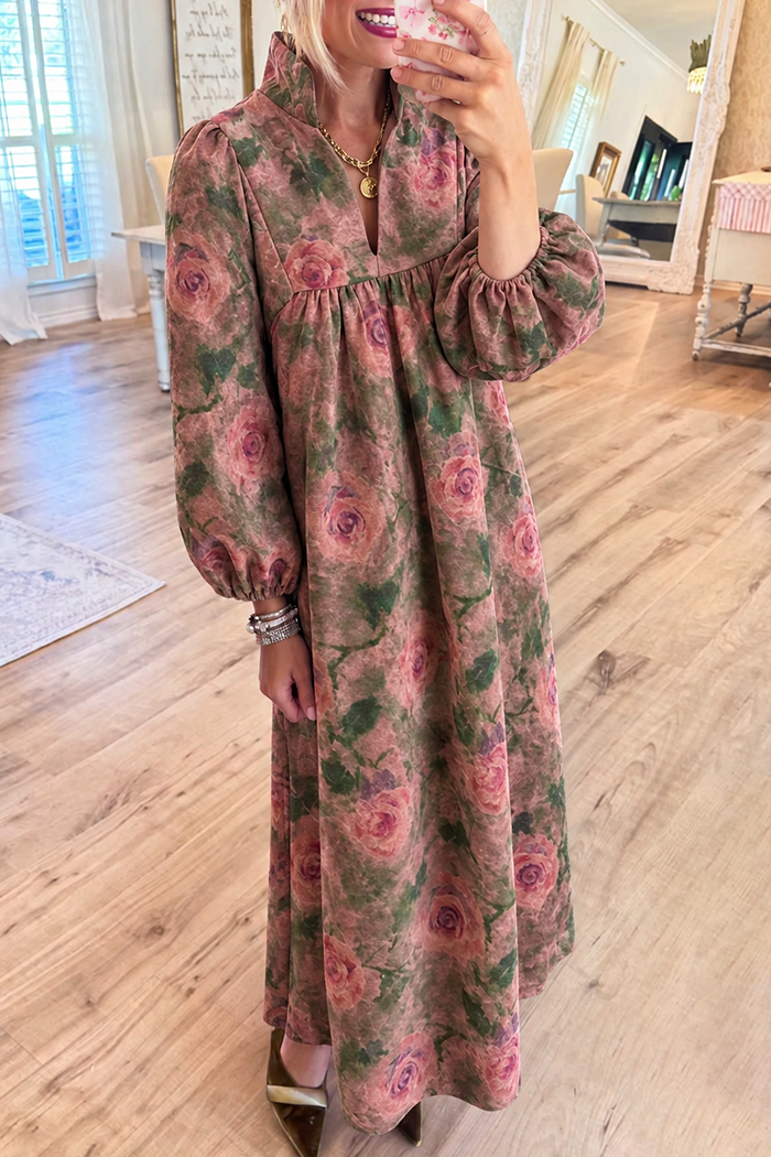 Dusty Rose Floral Gathered Bust Maxi Dress