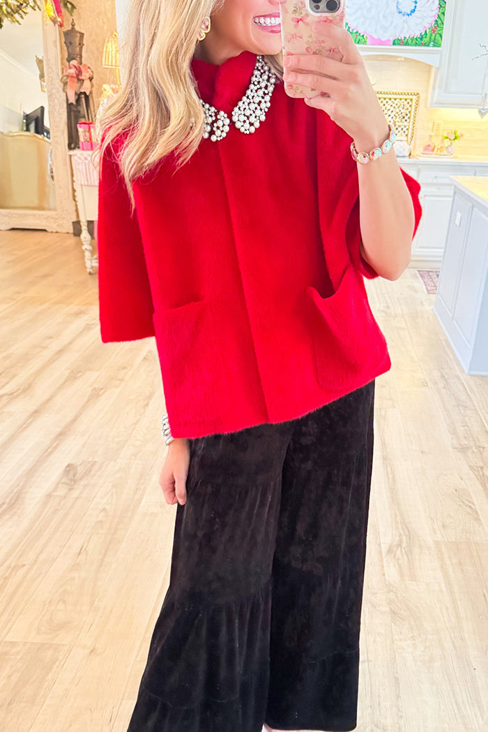 Casual Red Faux Caplet Jacket