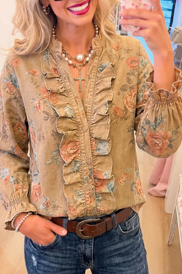 Vintage Floral Ruffle Front Long Sleeve Top