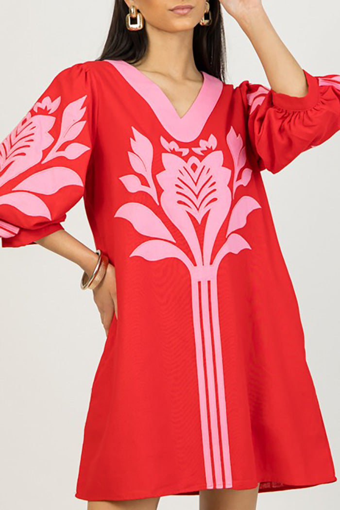 Red Pink Floral Embroidery Pocket Dress