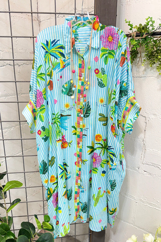 Aqua Tropical Print Shirt Dress