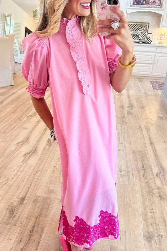 Ruffled Collar Lace Hem Pocket Dress