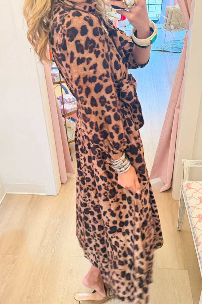 Leopard Balloon Sleeve Pockets Maxi Dress