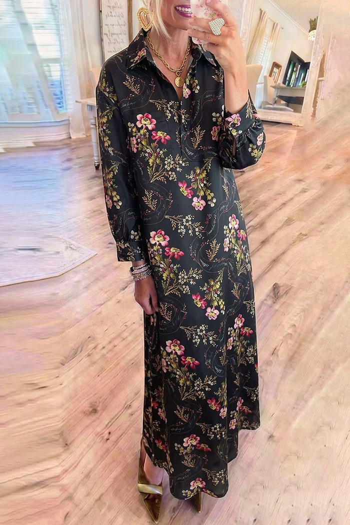 Black Floral Collar Pockets Maxi Dress