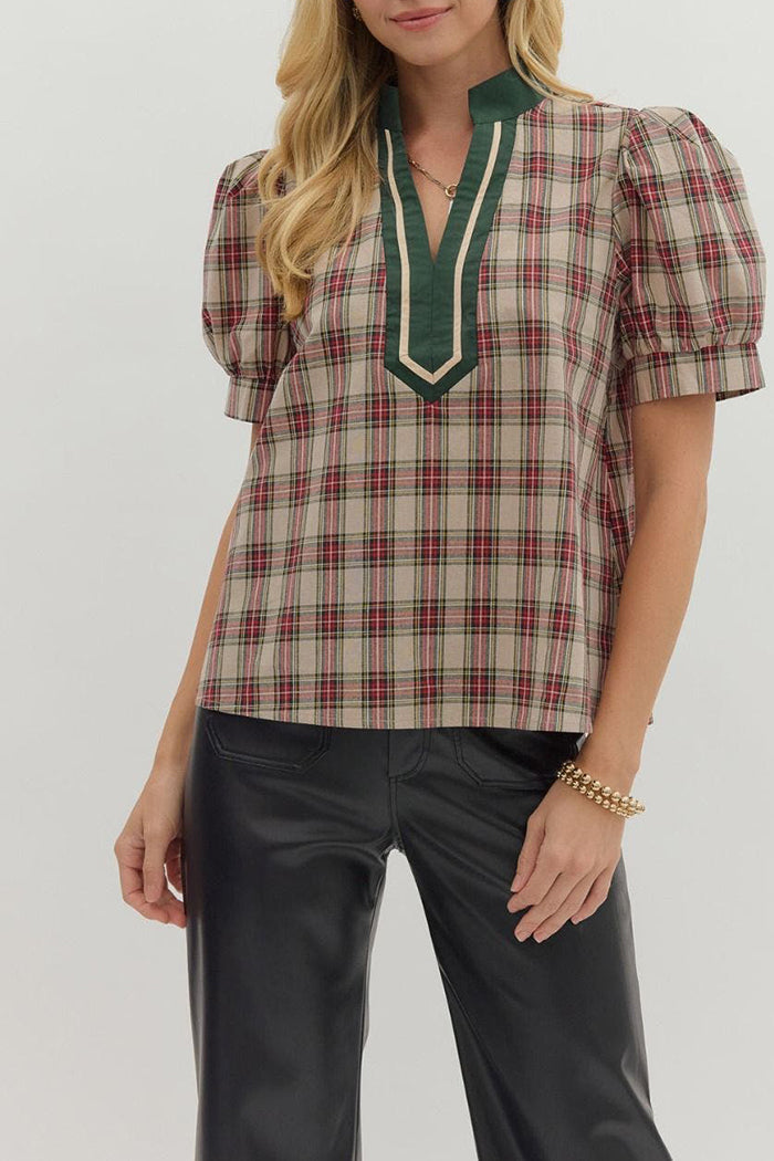 V-Neck Puff Sleeves Plaid Top