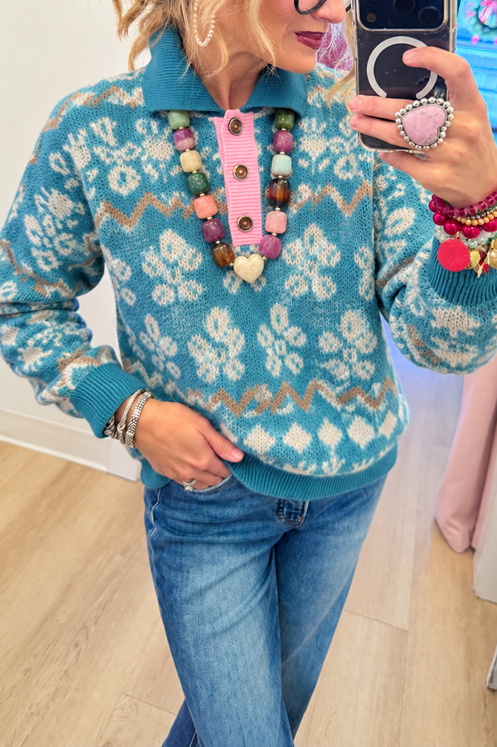 Fair Isle Pattern Polo Collar Knit Sweater