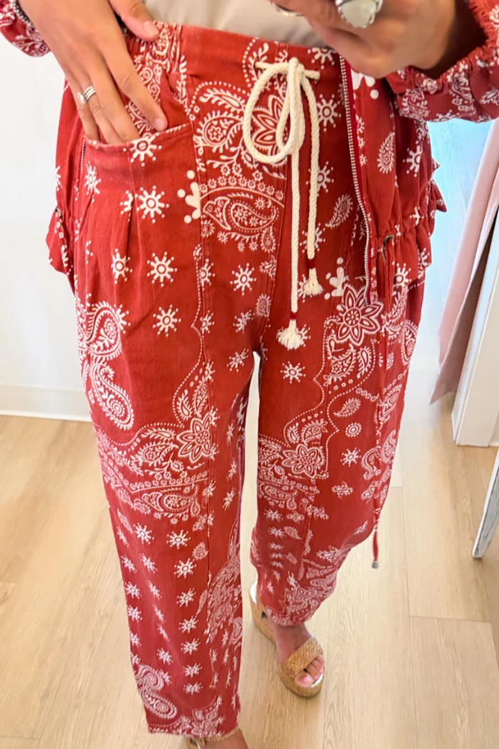 Red Paisley Print Barrel Pants