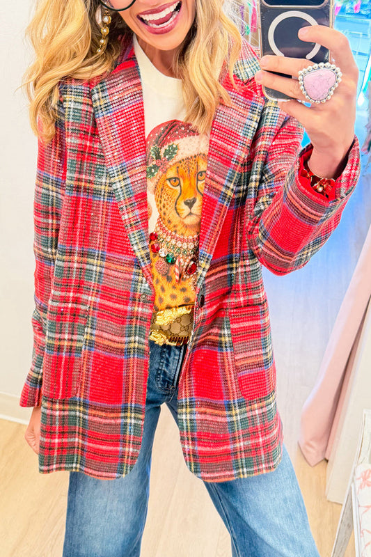 Red Plaid Sequin Pockets Jacket