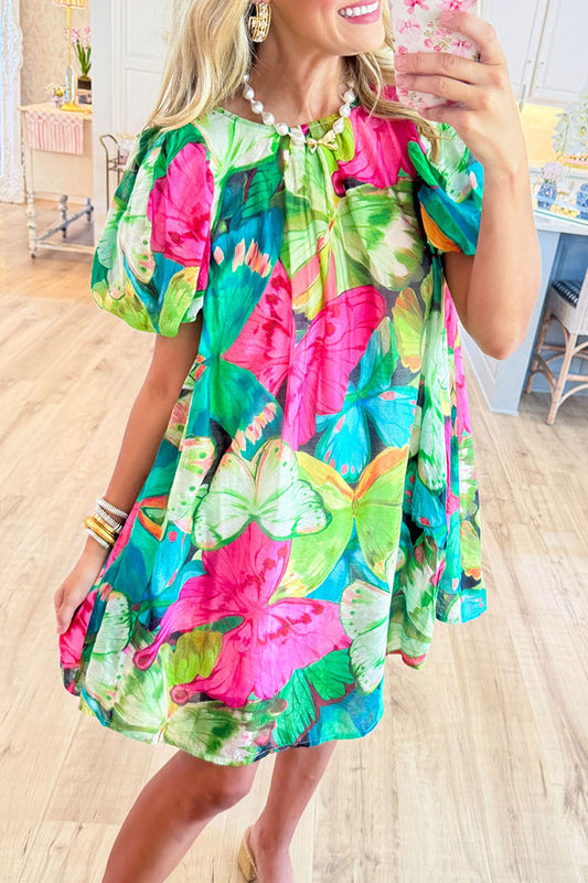Colorful Butterfly Print Puff Sleeve Dress