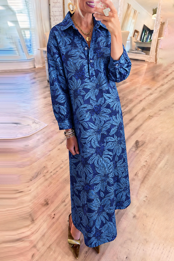 Royal Blue Floral Jacquard Button Front Pockets Maxi Dress