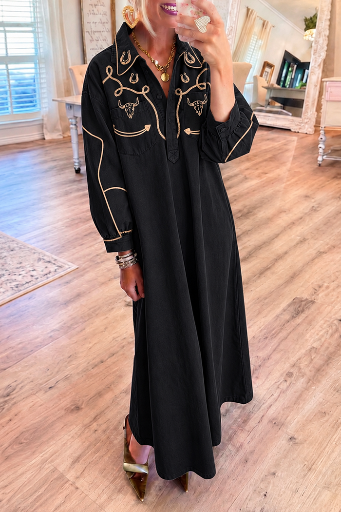 Black Denim Bull Embroidery Pockets Maxi Dress