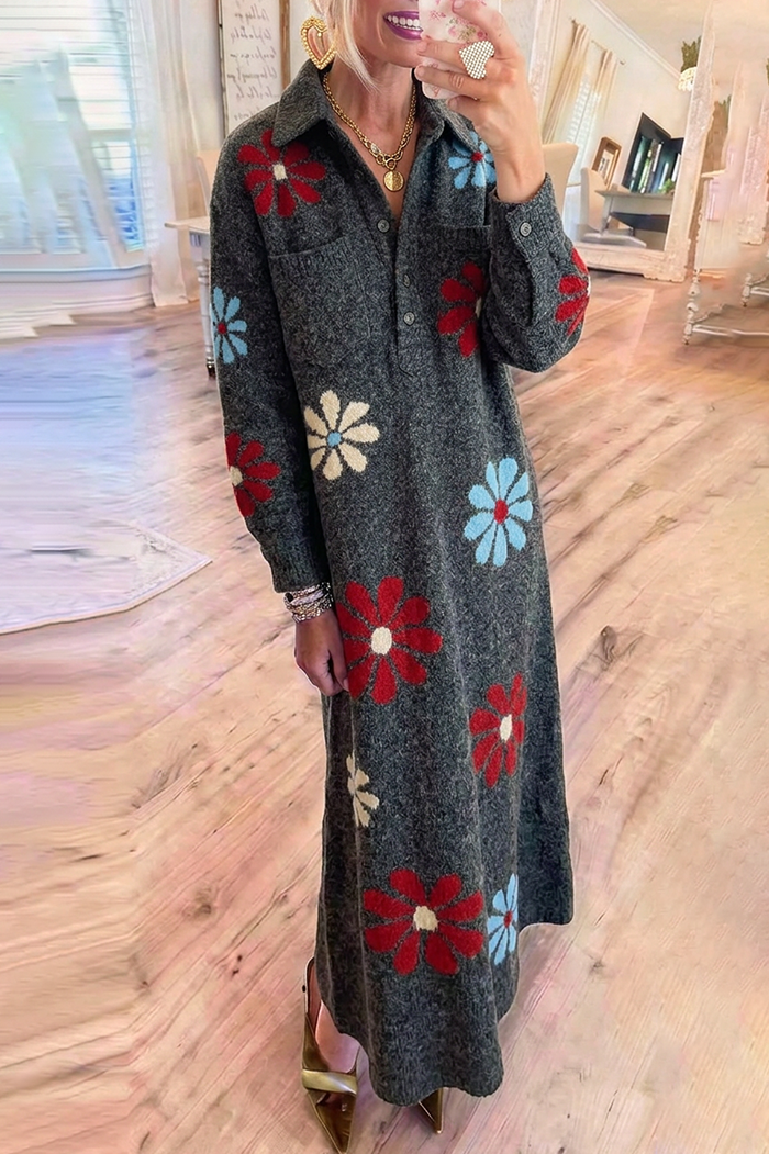 Grey Floral Jacquard Knit Collared Button Sleeve Maxi Dress