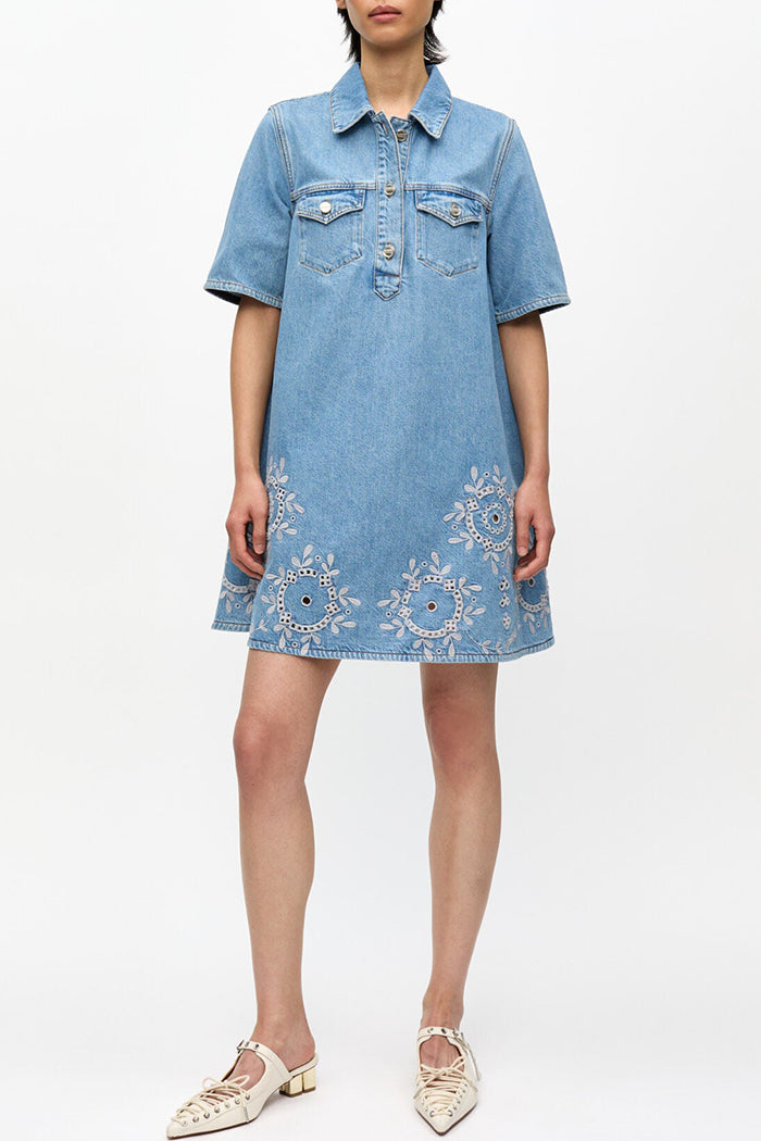 Pocketed Collared Eyelet Trim Raw Hem Denim Dress