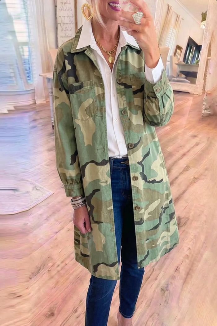 Camo Denim Full Button Pocket Long Shacket