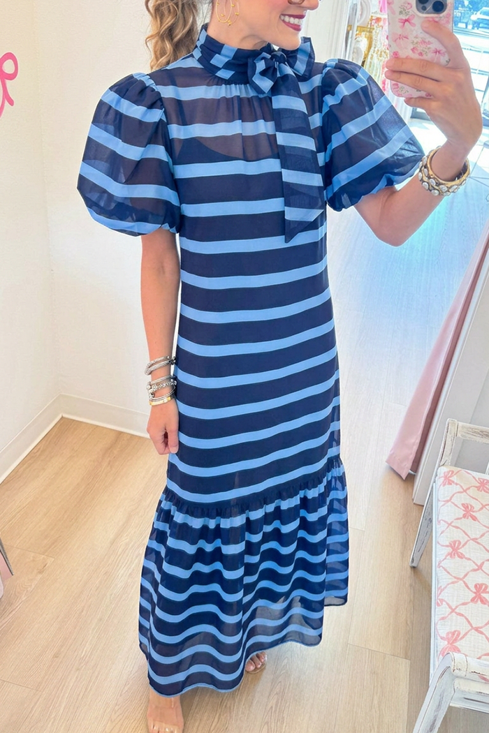 Casual Stripe Puff Sleeve Ruffles Dress