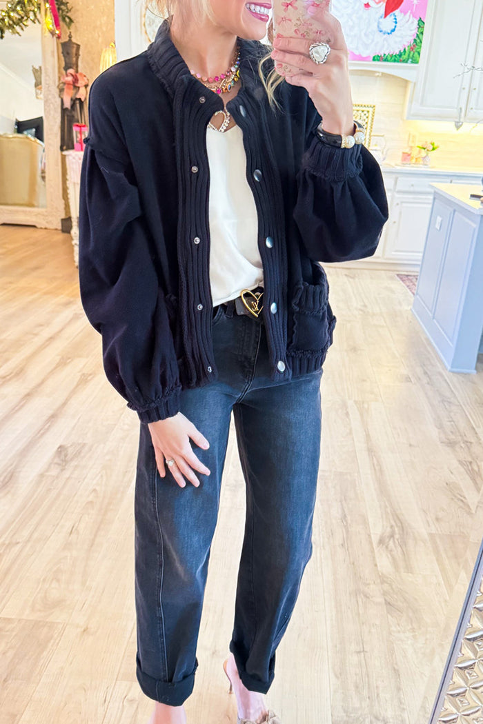 Washed Ribbed Knit Trim Pocket Cardigan Jacket