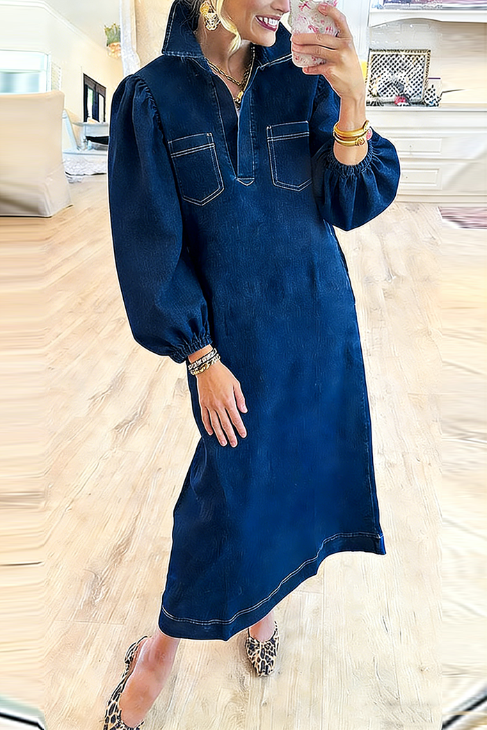 Split Neck Bishop Sleeve Chest Pocket Denim Dress