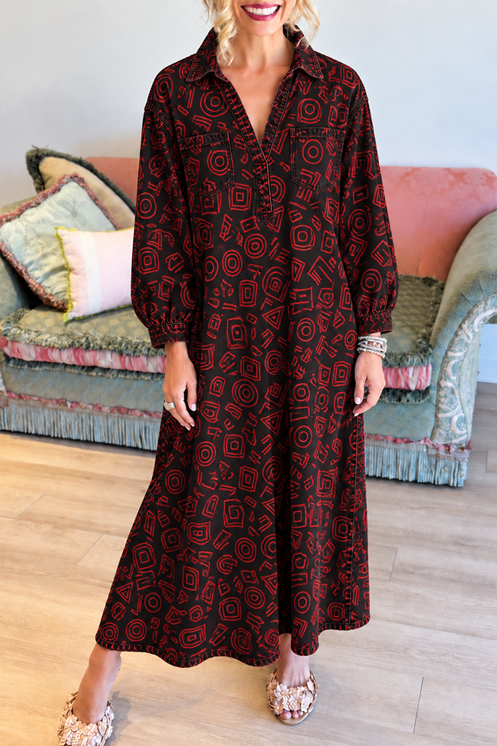 Long Sleeve Geometric Pockets Maxi Dress