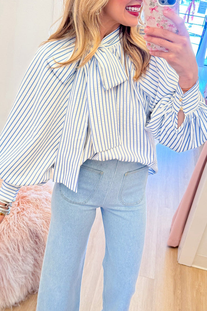 Blue Stripe Bow Detail Long Sleeve Top