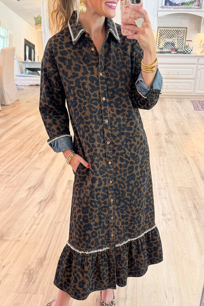 Denim Leopard Long Sleeve Rhinestone Ruffle Dress