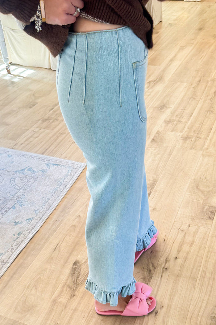 Light Denim Ruffle Hem Pocket Pants