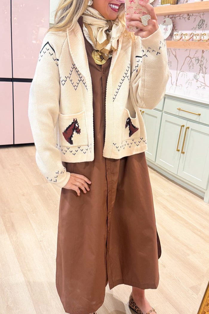 Brown Long Sleeve Pocket Midi Dress