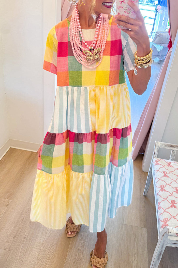 Round Neck Short Sleeve Mixed Print Tiered Midi Dress