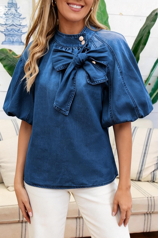 Neck Bow Puff Sleeve Denim Top