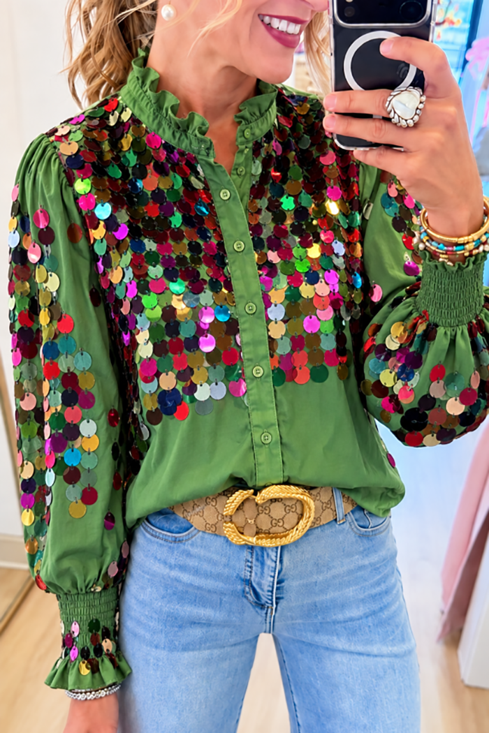 Green Sequin Ruffle Neck Top