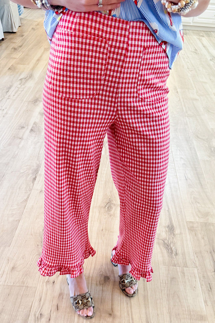 Red Gingham Ruffle Hem Pocket Pants