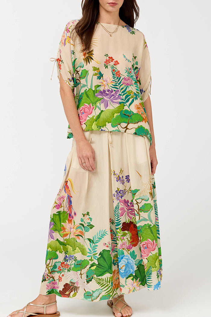 Border Floral Drawstring Waist Wide Leg Two Piece Set