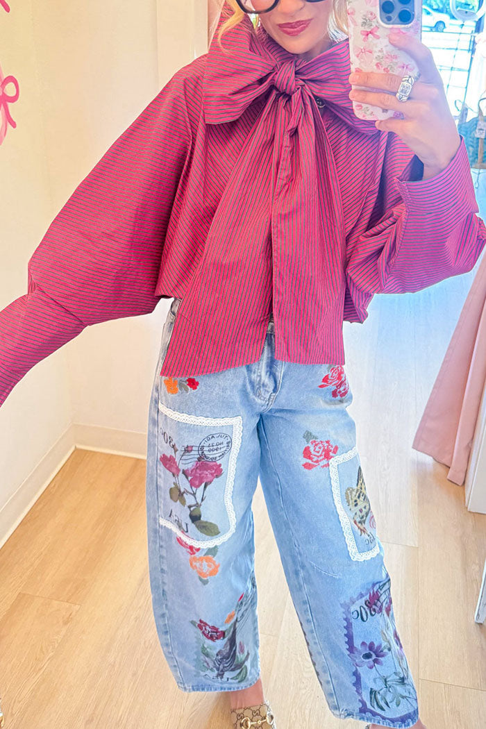 Floral Embroidery Barrel Leg Jeans