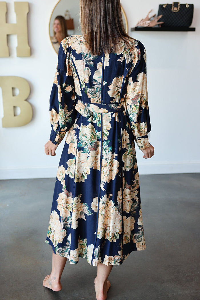 V-Neck Floral Print Long Sleeve Pocket Dress