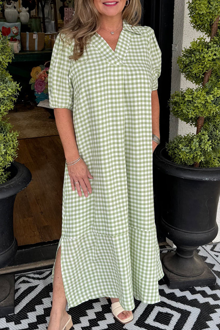 Gingham Collared  Puff Sleeve Side Slit Dress