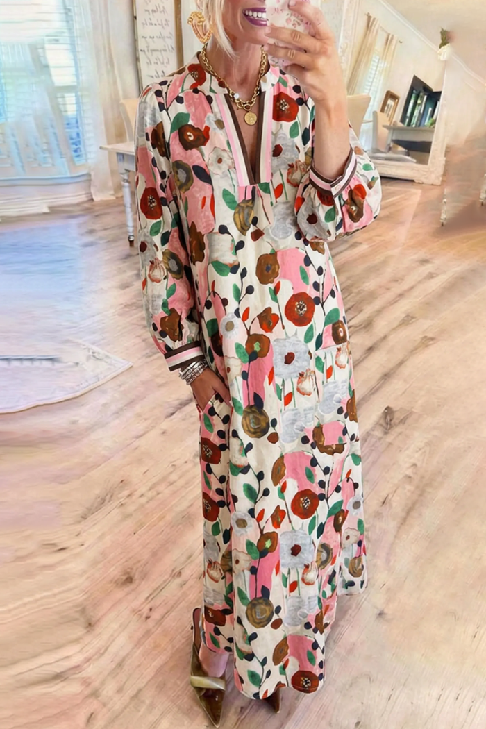Multicolor Watercolor Floral Pocket Maxi Dress