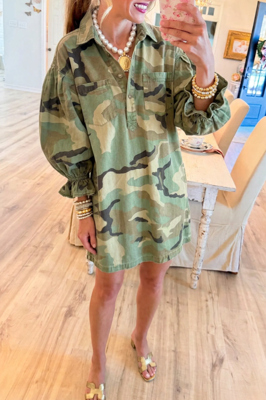 Balloon Sleeve Henley Camo Pocket Shirt Dress